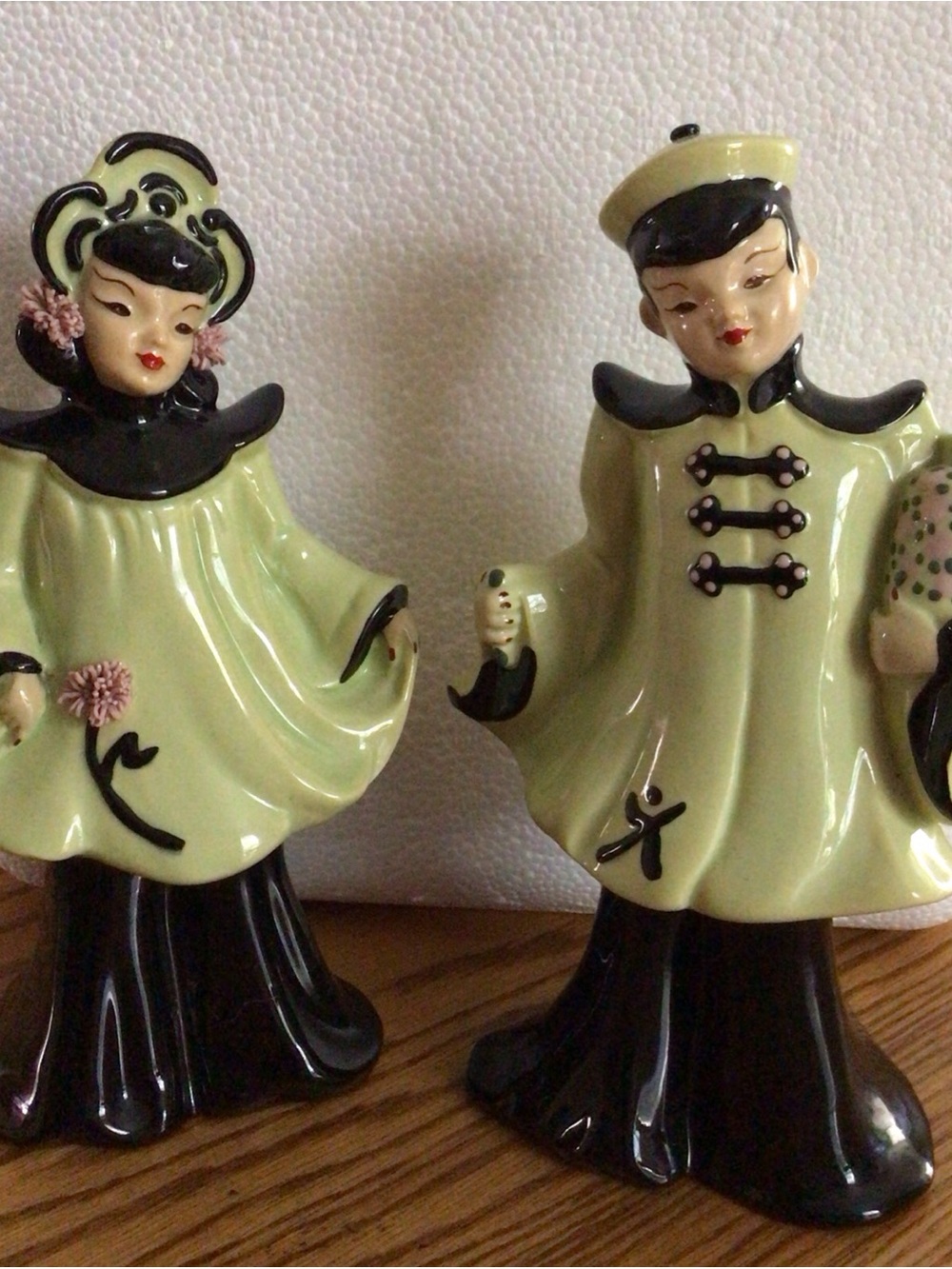 Florence Ceramics Asian Couple Figurines in Pale Green and Black Vintage 8.5”
